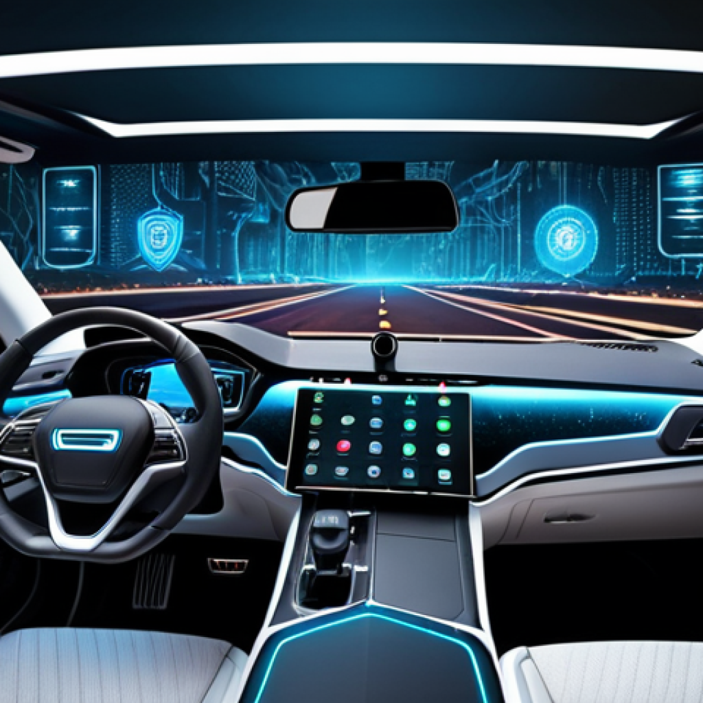 **Self-driving car with multiple security layers:** A futuristic self-driving car surrounded by visual representations of cybersecurity measures. Include elements like firewalls, encryption keys, biometric scans, and multi-factor authentication symbols. The overall feel should be secure and protected.