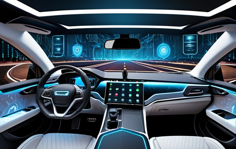 **Self-driving car with multiple security layers:** A futuristic self-driving car surrounded by visual representations of cybersecurity measures. Include elements like firewalls, encryption keys, biometric scans, and multi-factor authentication symbols. The overall feel should be secure and protected.
